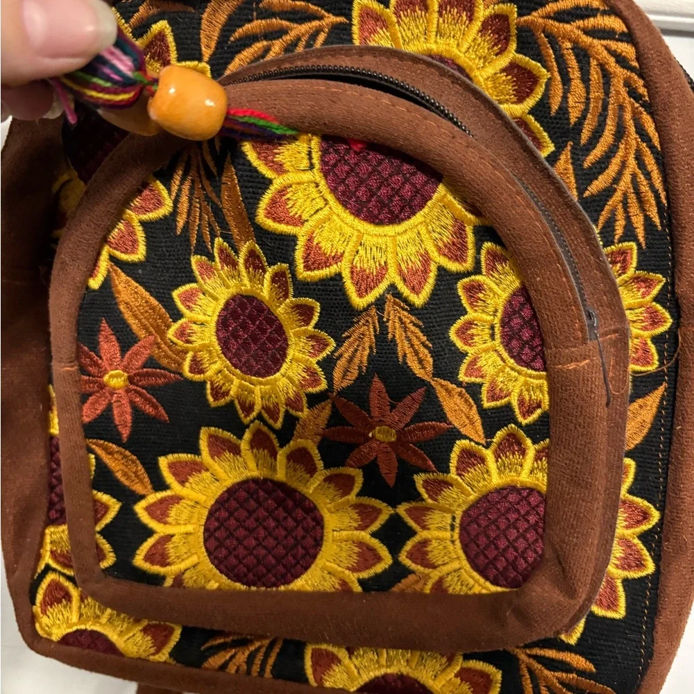 Brown Floral Embroidered Backpack - Picture 3 of 5